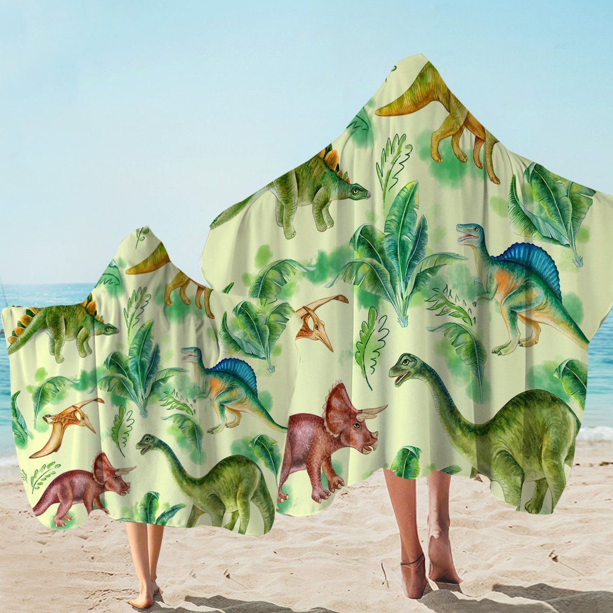 Green Dino Jungle Art Printed Hooded Towel