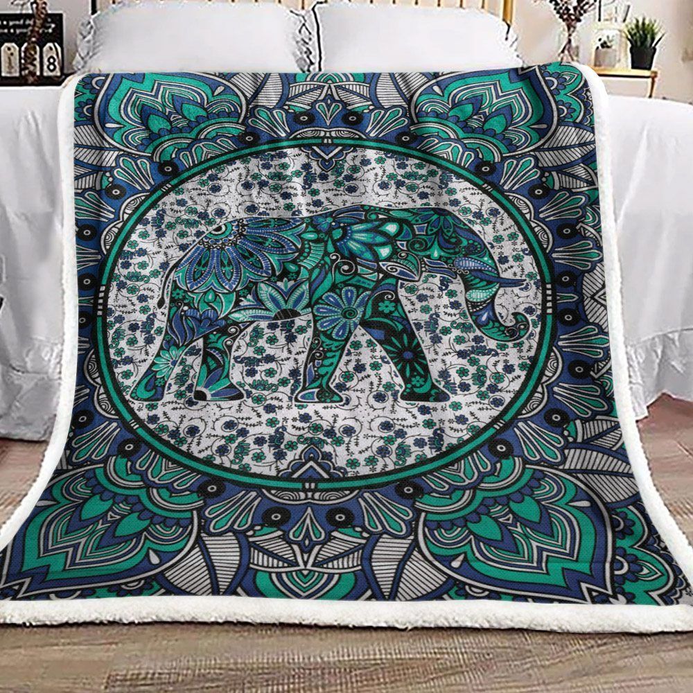 Green Elephant Mandala Sherpa Fleece Blanket