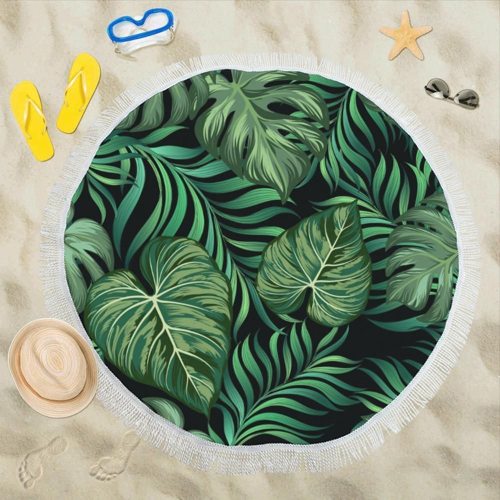 Green Fresh Tropical Palm Leaves On Black Printed Round Beach Towel