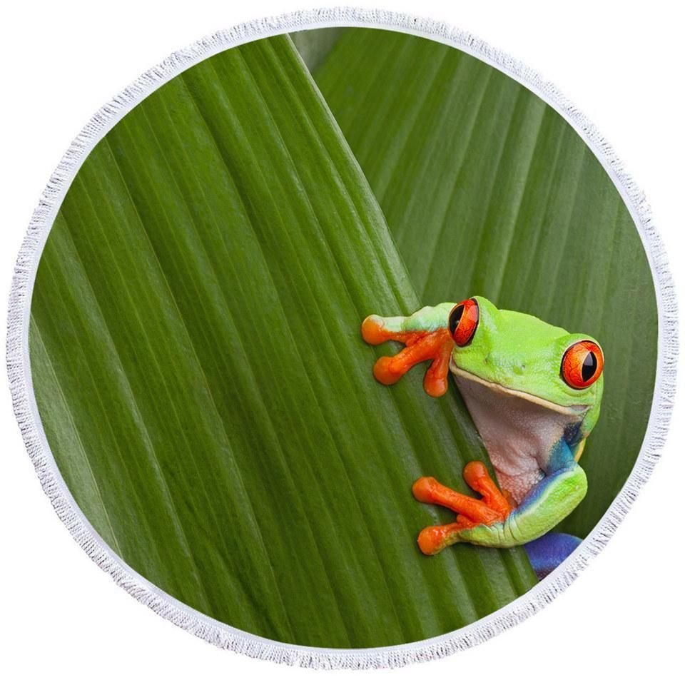 Green Frog On Green Leaves Printed Round Beach Towel