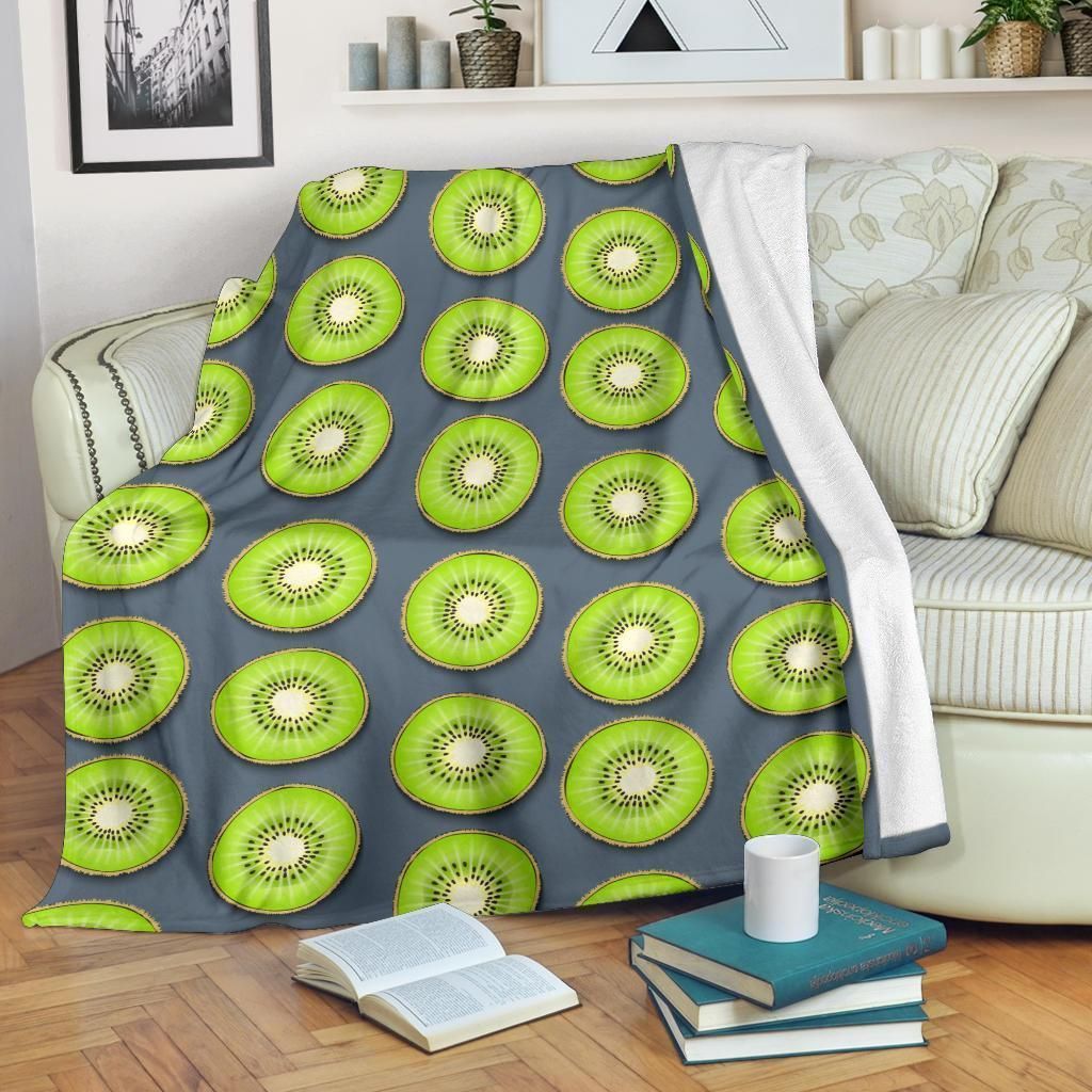 Green Kiwi Pattern Print Design Grey Fleece Blanket