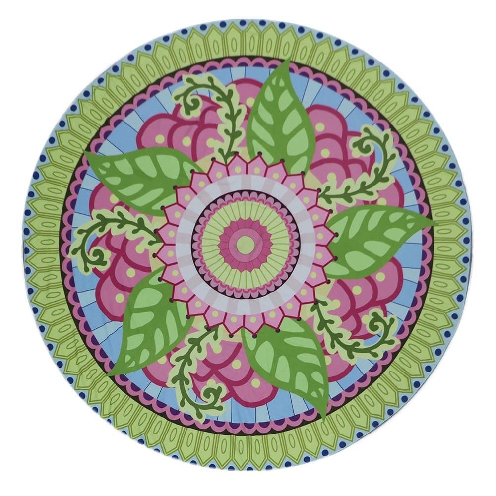 Green Leaf And Pink Flowers Cartoon Art Printed Round Beach Towel
