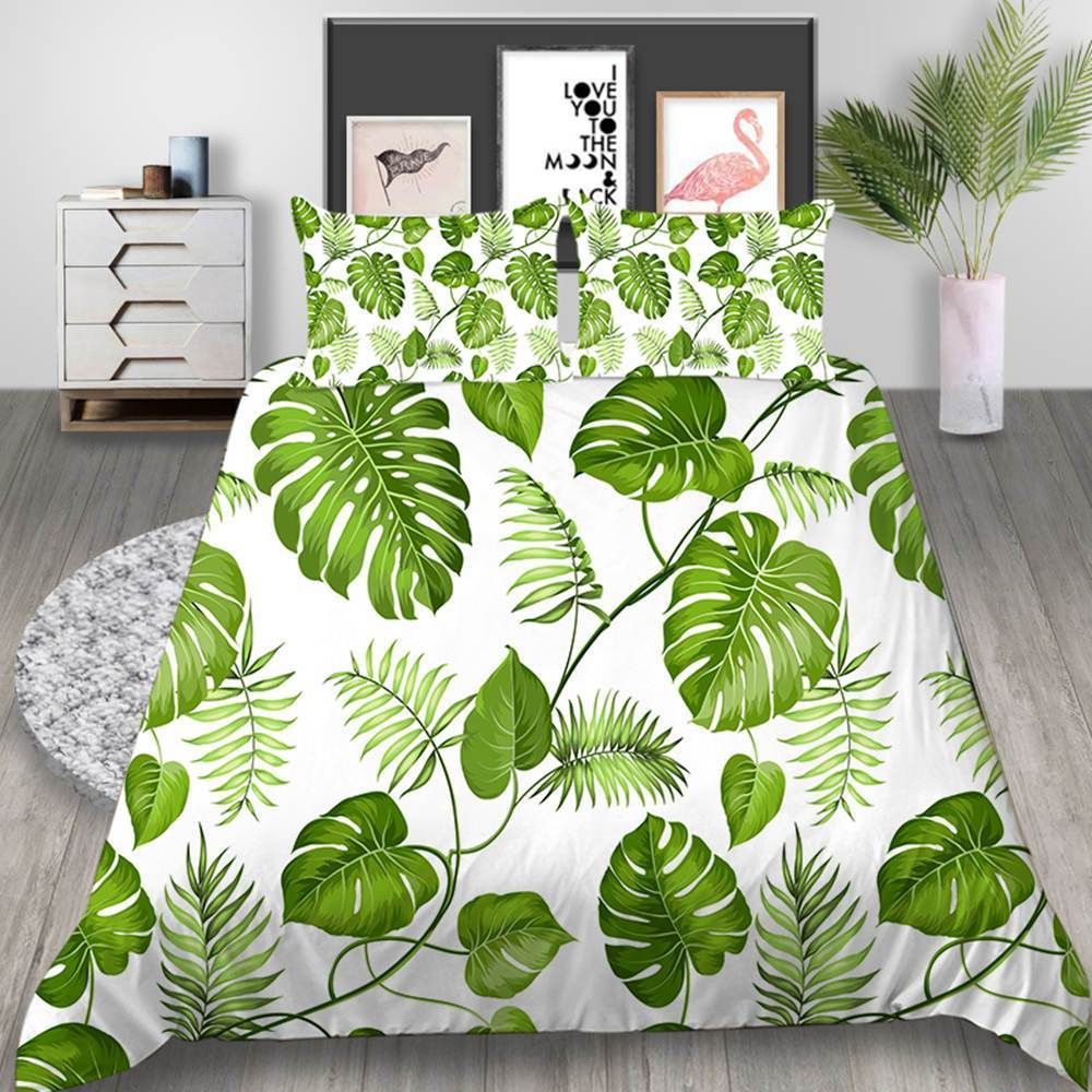 Green Leaves In White Bedding Set