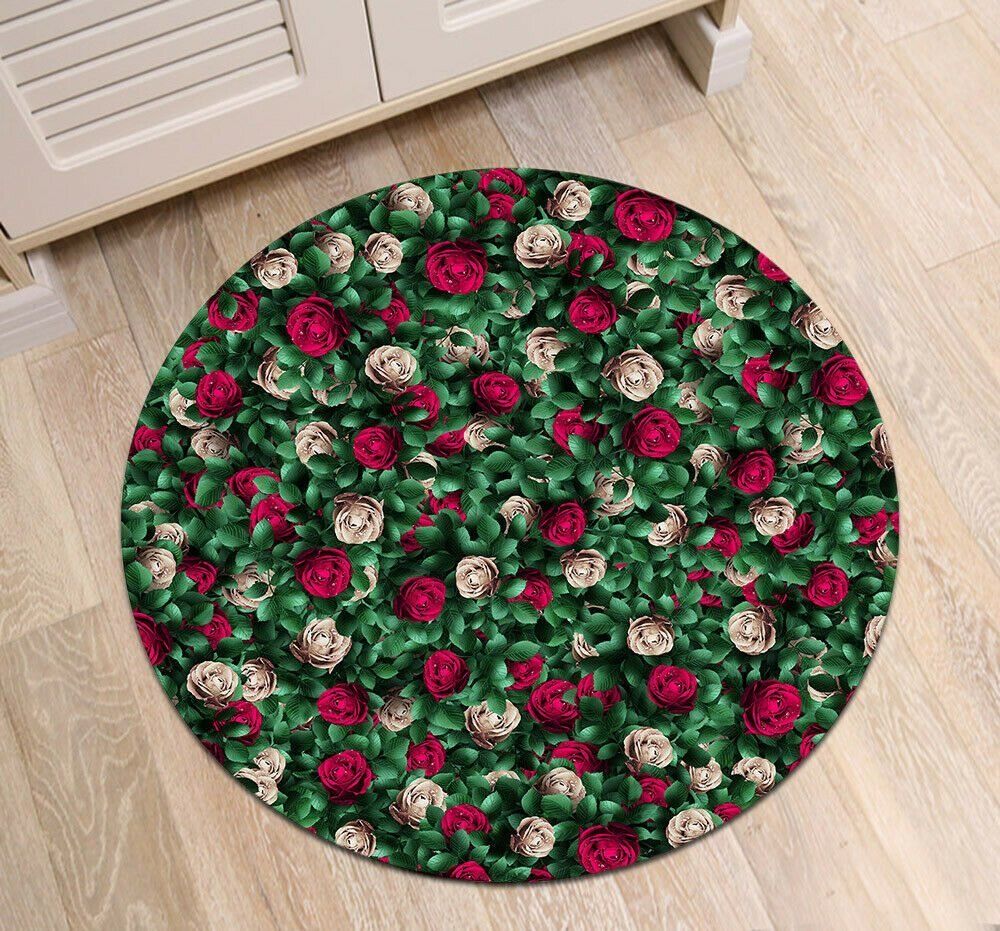 Green Leaves Red Roses Round Carpet
