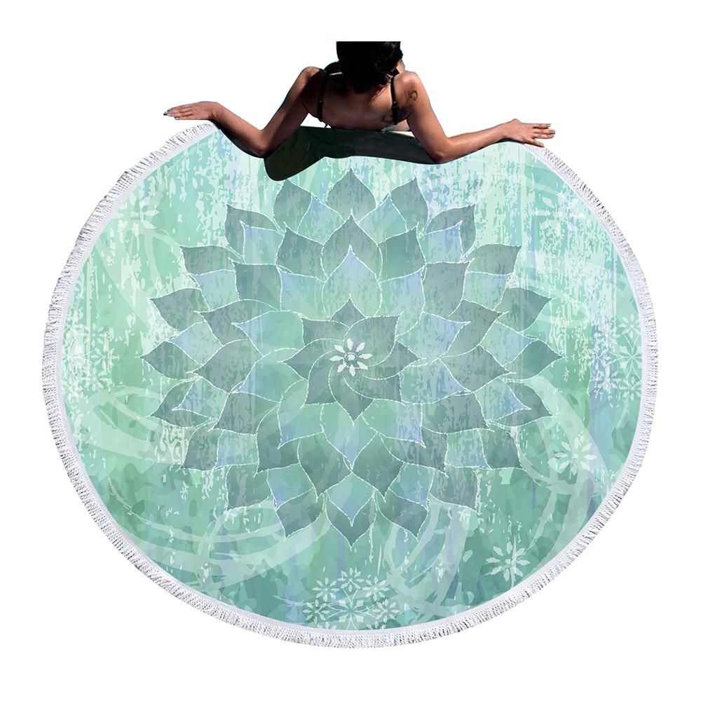 Green Lotus Pattern All Over Printed Round Beach Towel