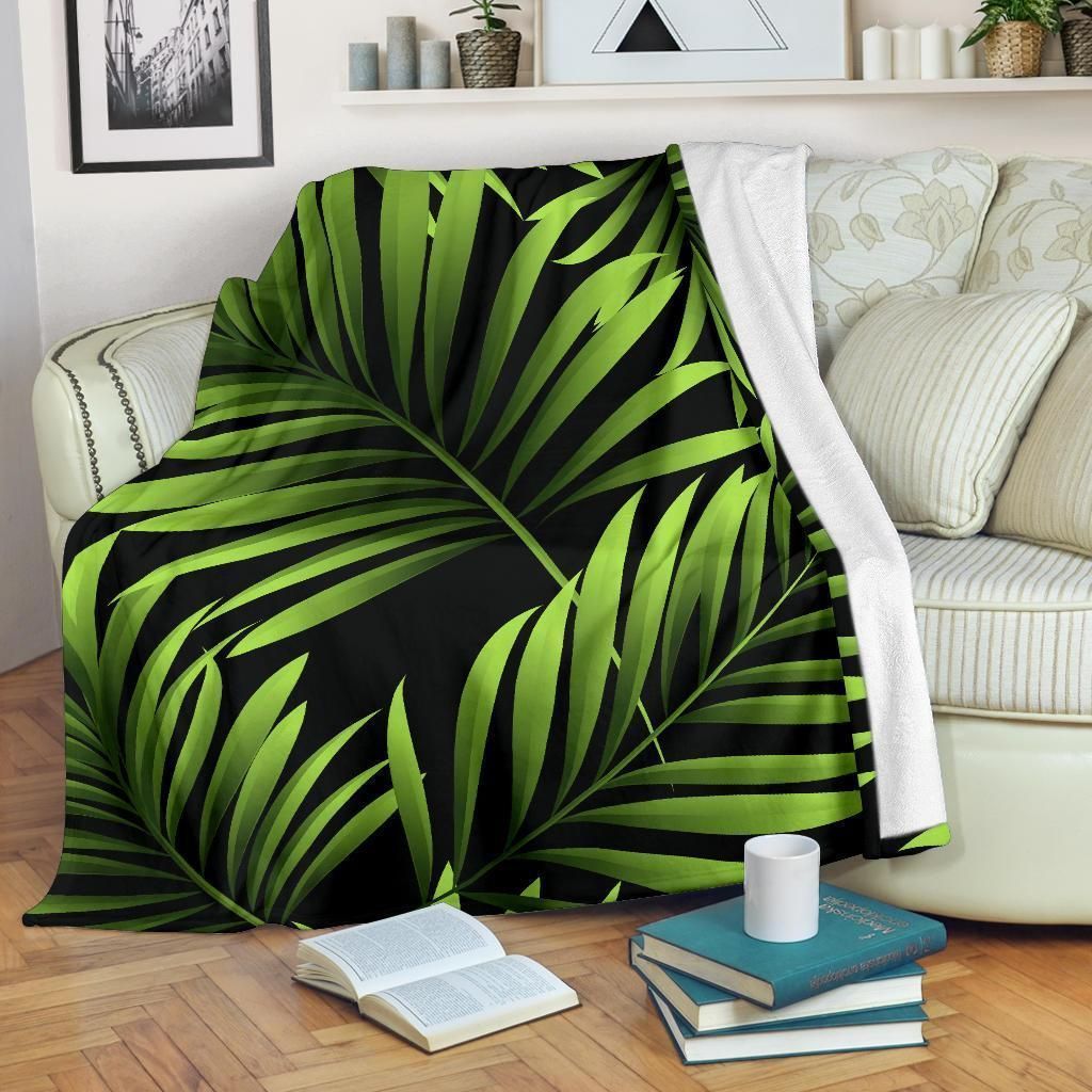 Green Neon Tropical Palm Leaves Black Fleece Blanket