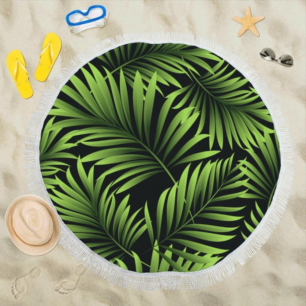 Green Neon Tropical Palm Leaves Printed Round Beach Towel