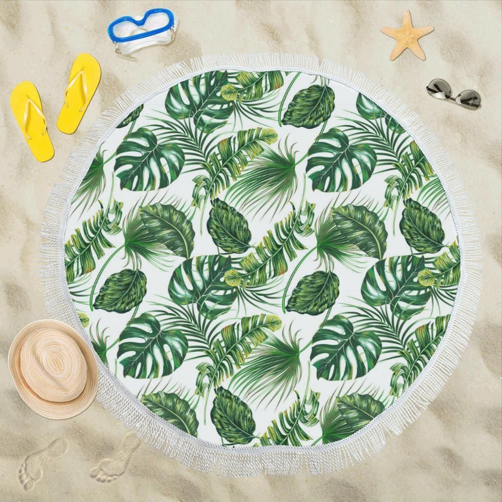 Green Pattern Tropical Palm Leaves Printed Round Beach Towel