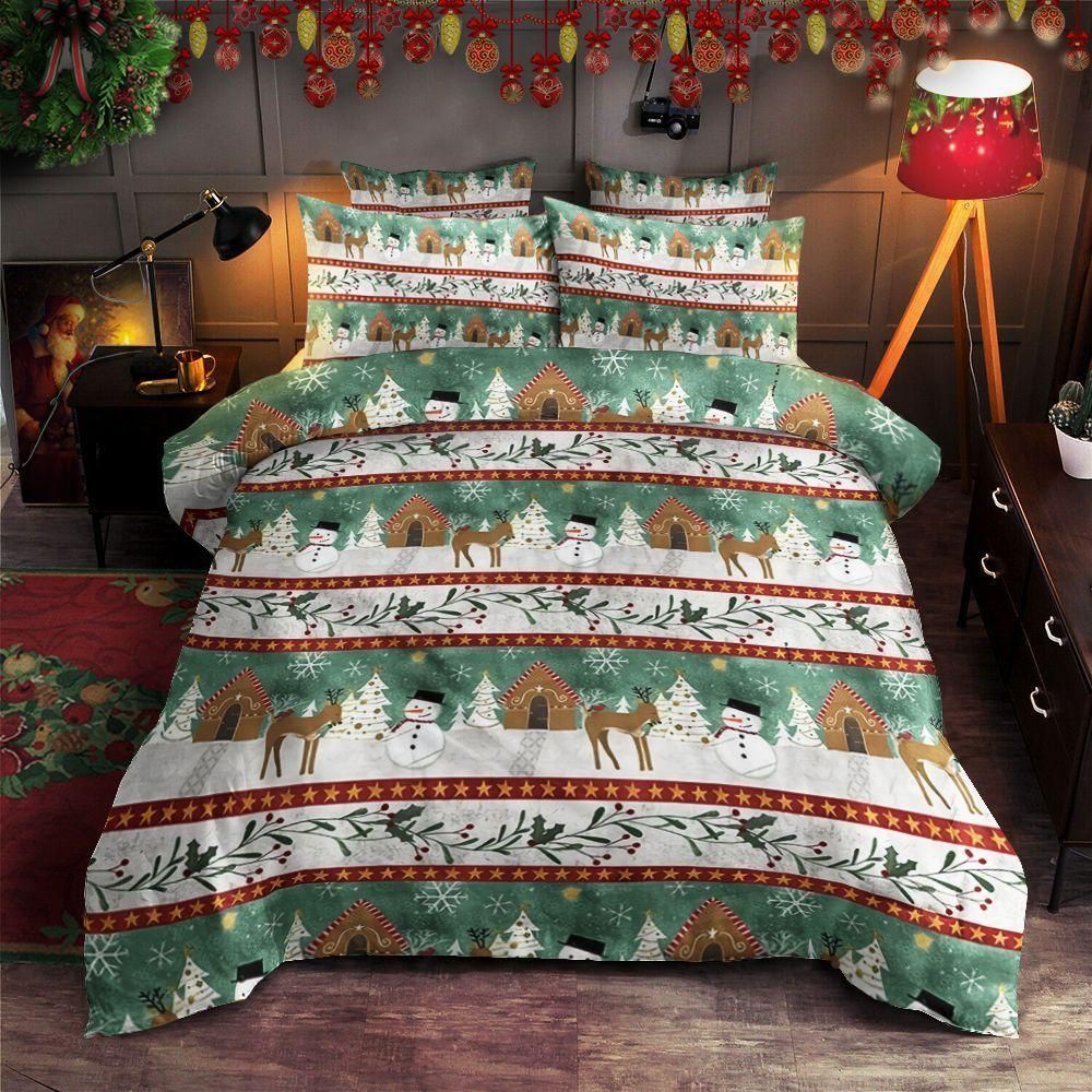 Green Pattern With Deer Snowman Bedding Set