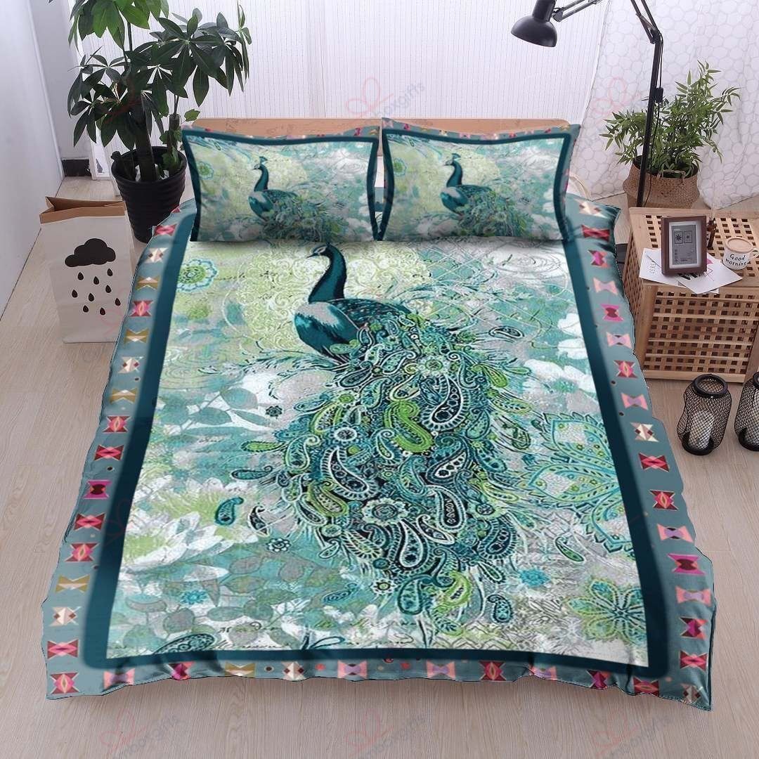 Green Peacock Printed Bedding Set