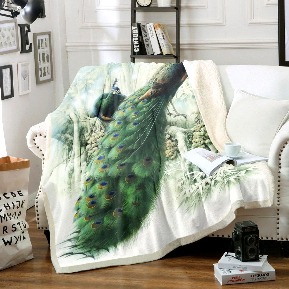 Green Peafowl Sherpa Fleece Blanket