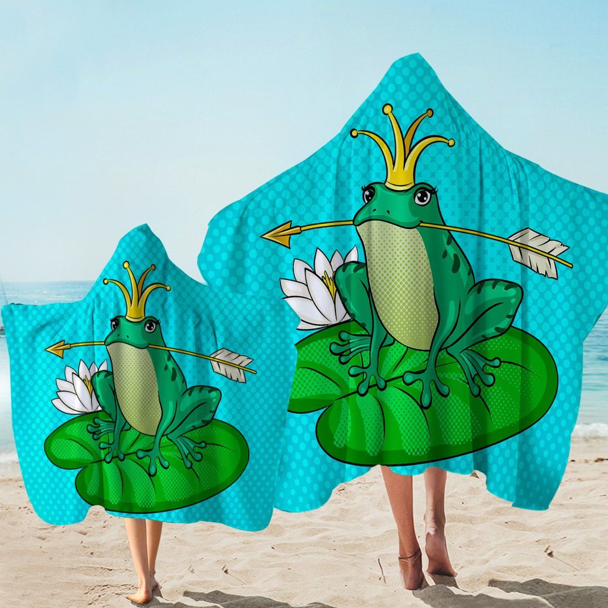 Green Prince Frog Blue Printed Hooded Towel