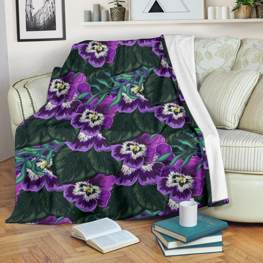 Green Purple Pansy Pattern Print Design Fleece Blanket