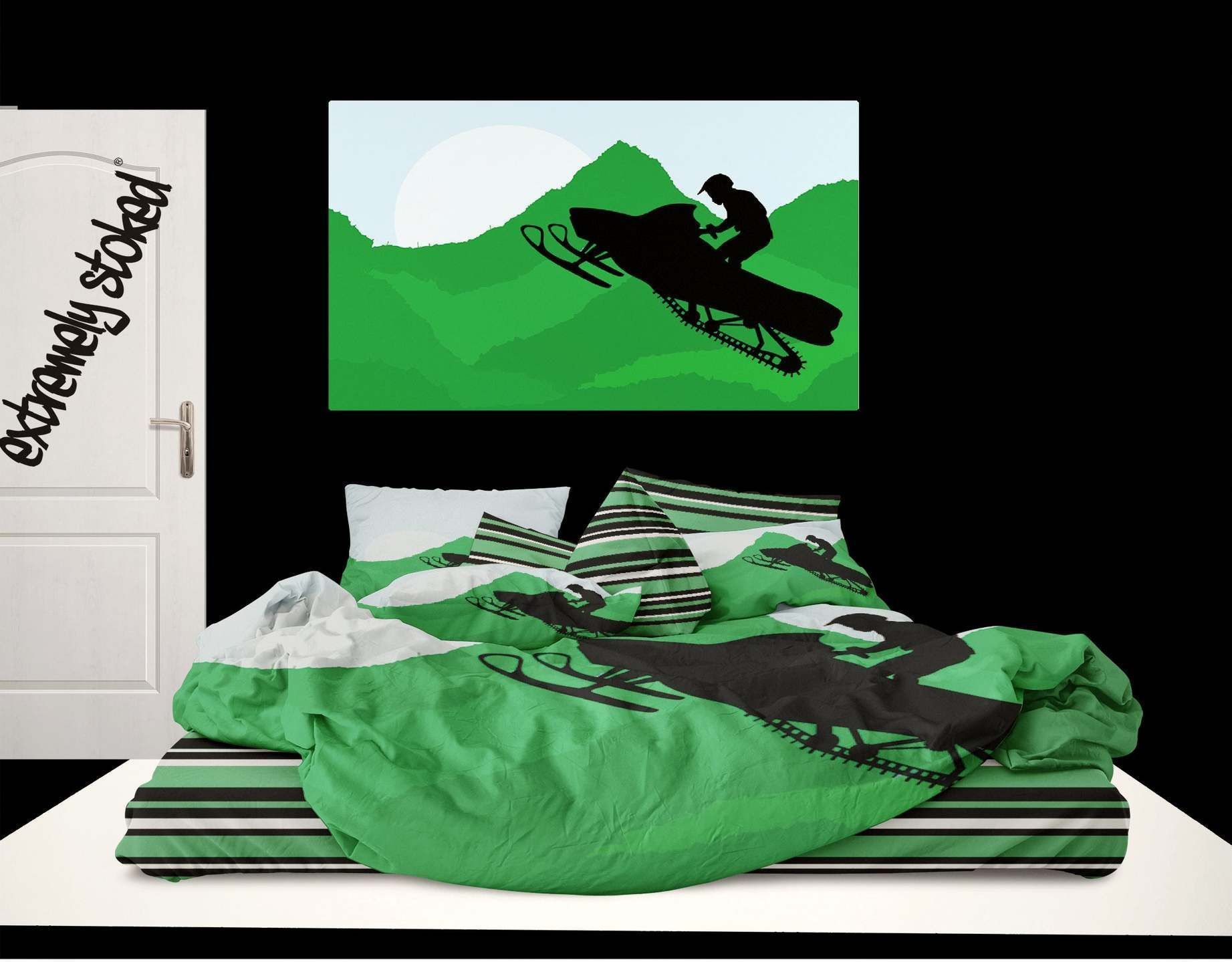 Green Snocross Snowmobile Bedding Set