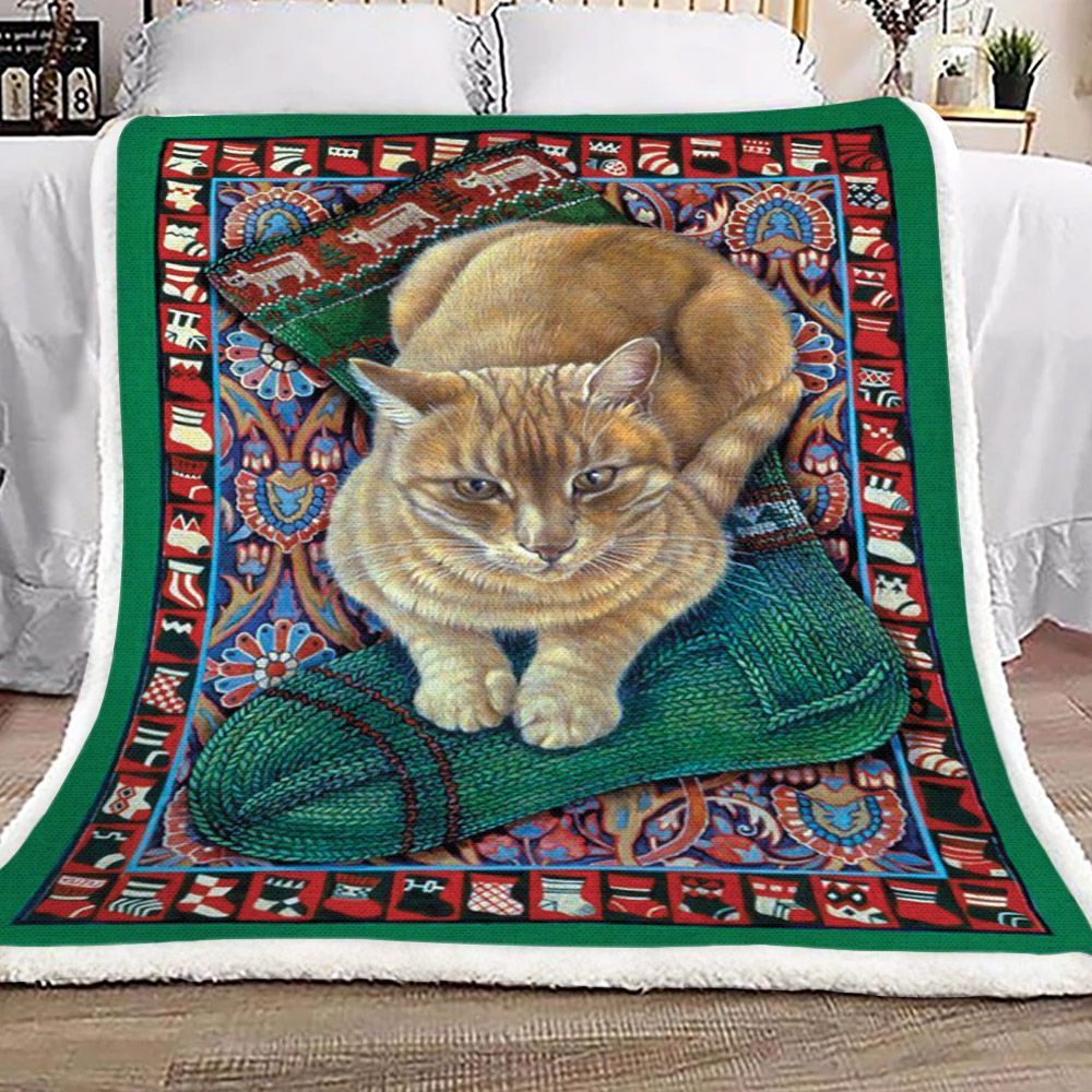 Green Sock And Yellow Cat Sherpa Fleece Blanket