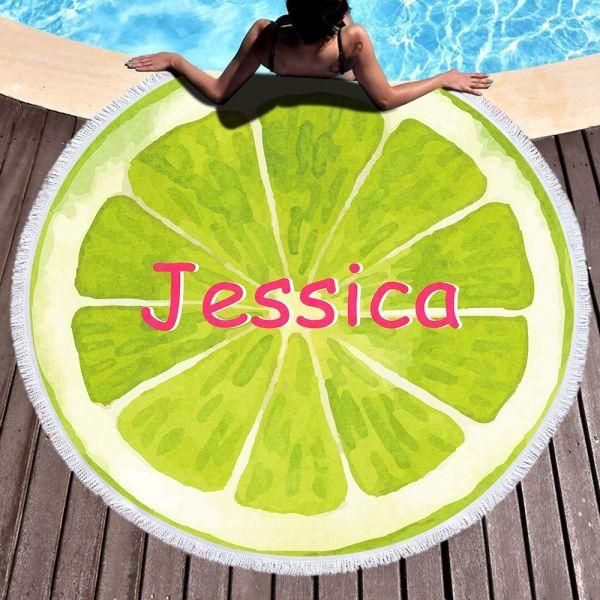 Green Sweet Lemon Custom Name Printed Round Beach Towel