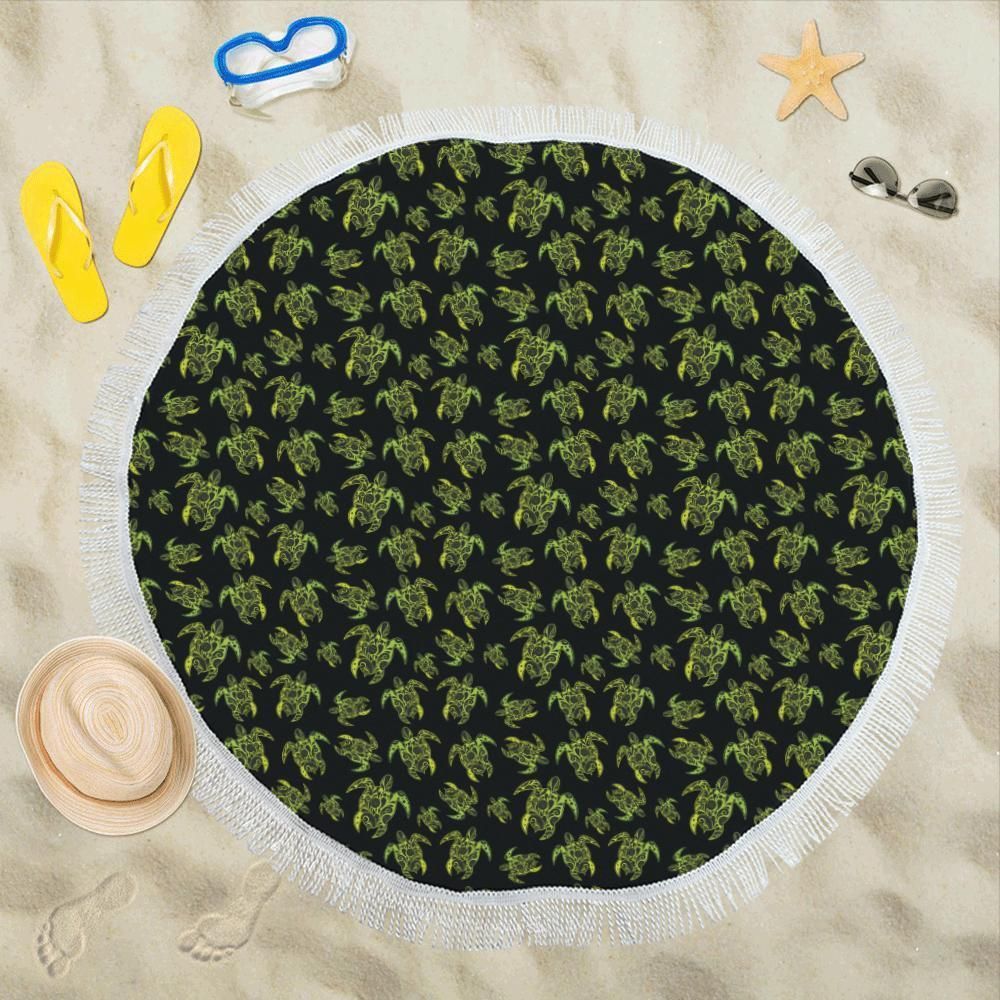 Green Tribal Turtle Polynesian Themed Round Beach Towel