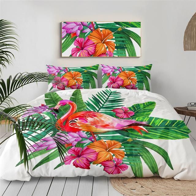 Green Tropical Leaves Pink Flamingo Bedding Set