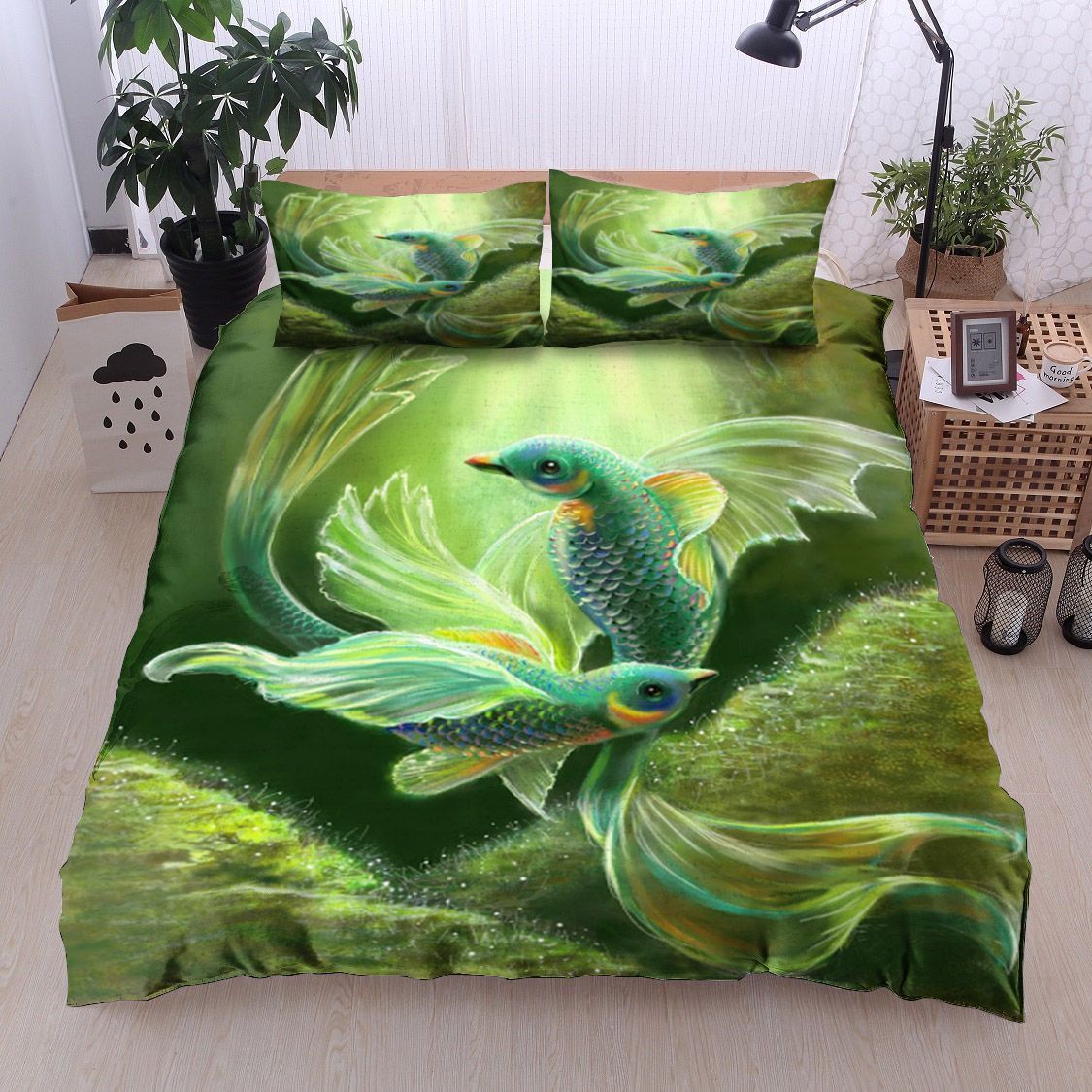 Green Underwater Birds Bedding Set