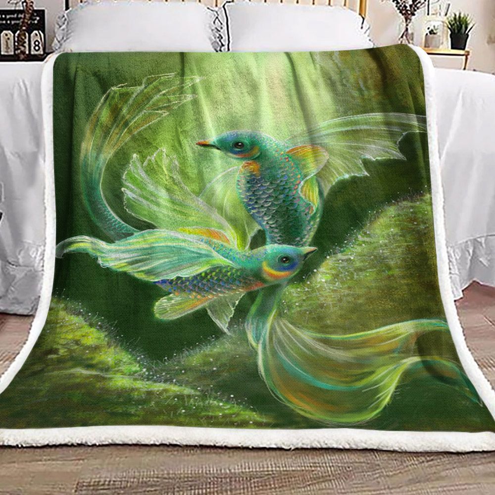 Green Underwater Birds Sherpa Fleece Blanket