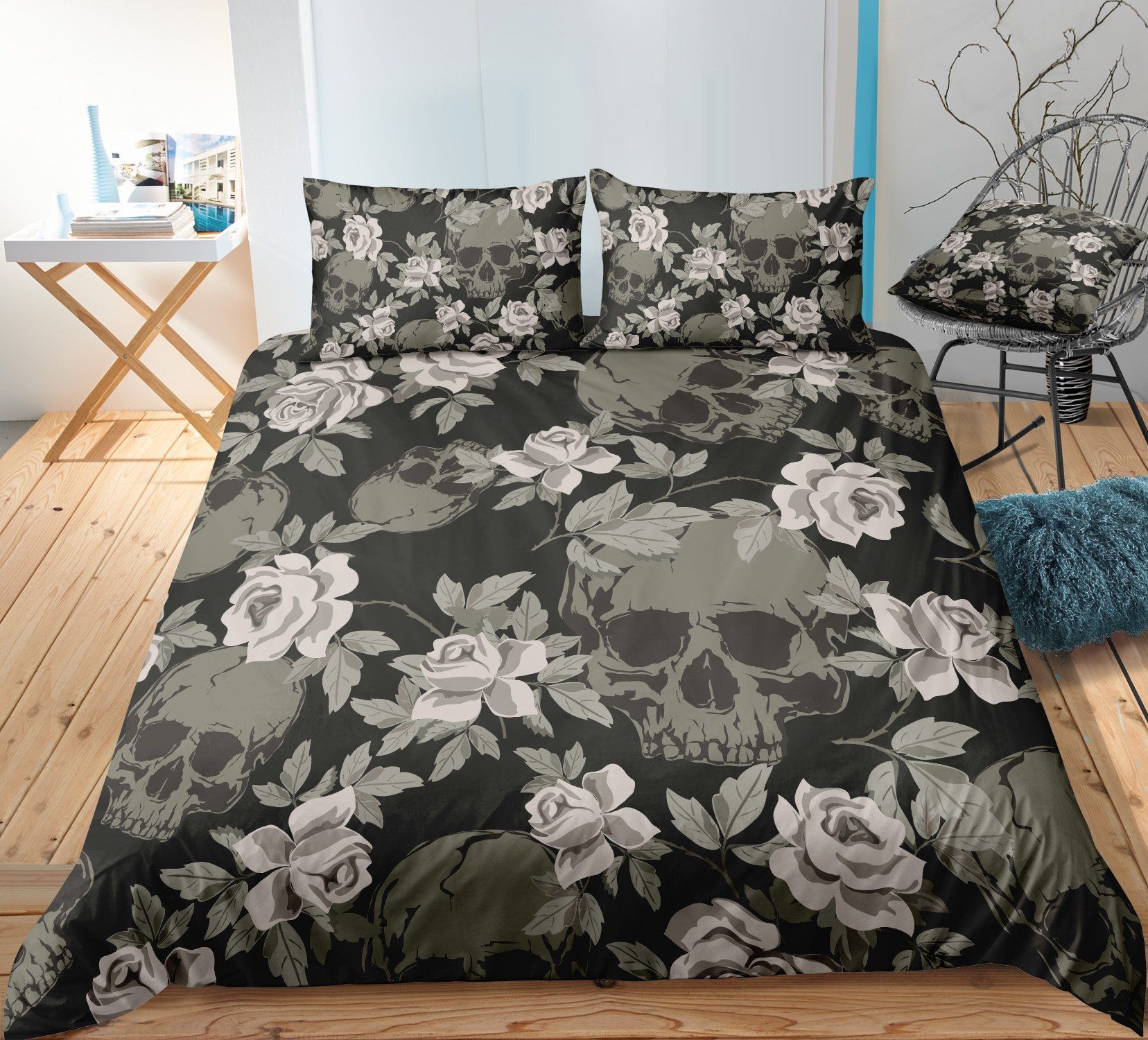Grey Flowers With Skull Head Bedding Set
