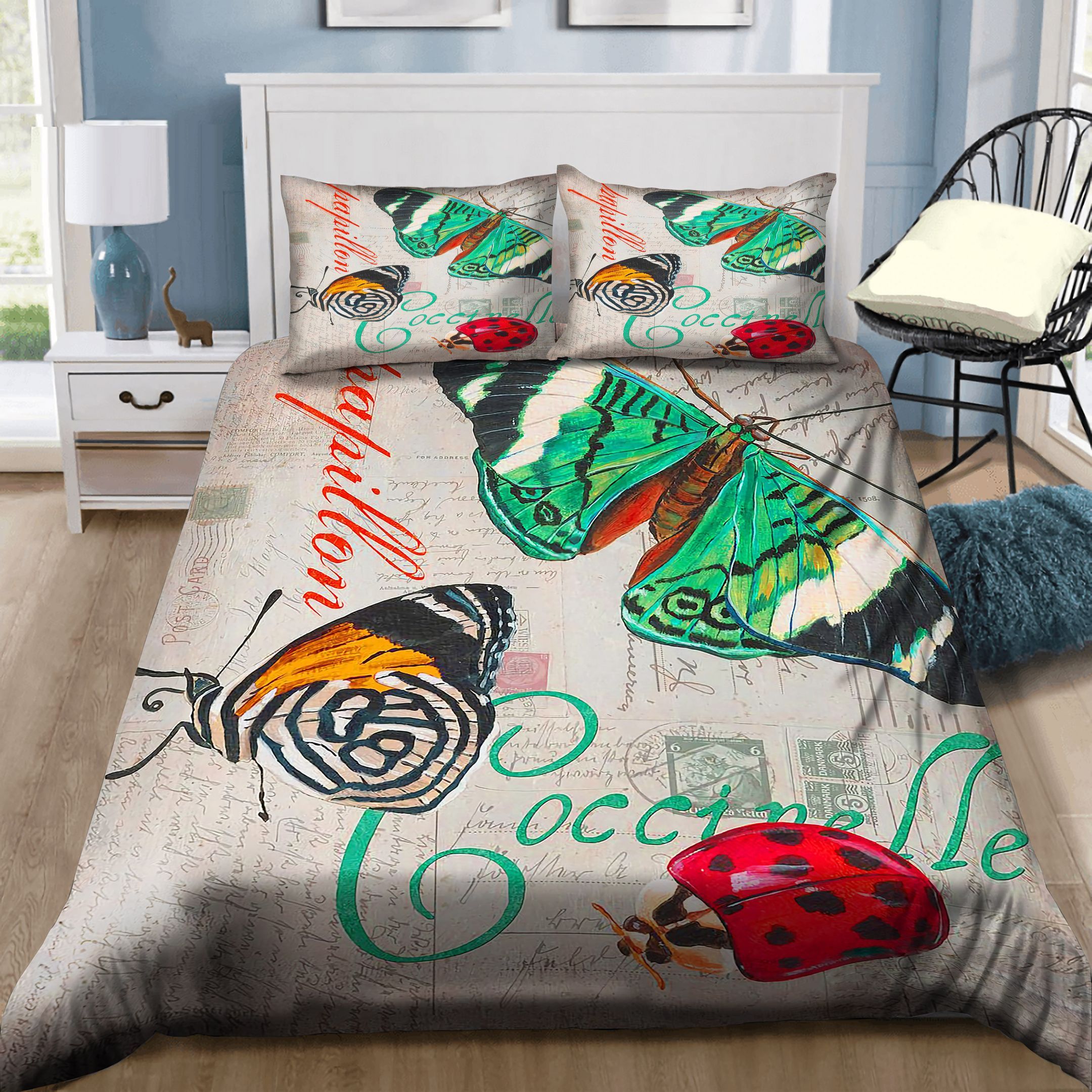 Grey Postcard Butterflies Bedding Set