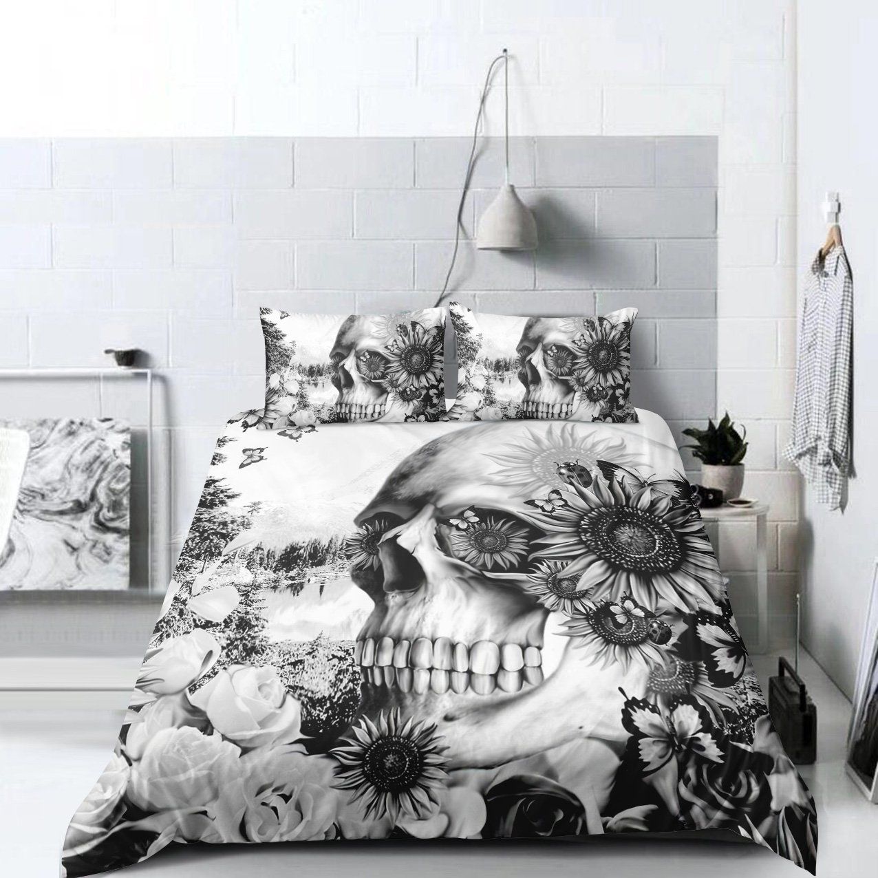 Grey Skull With Sunflowers Bedding Set