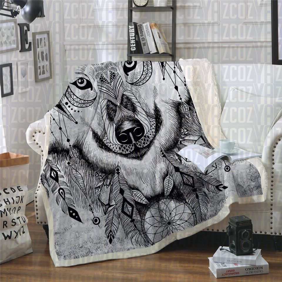 Grey Tribal Wolf Sherpa Fleece Blanket