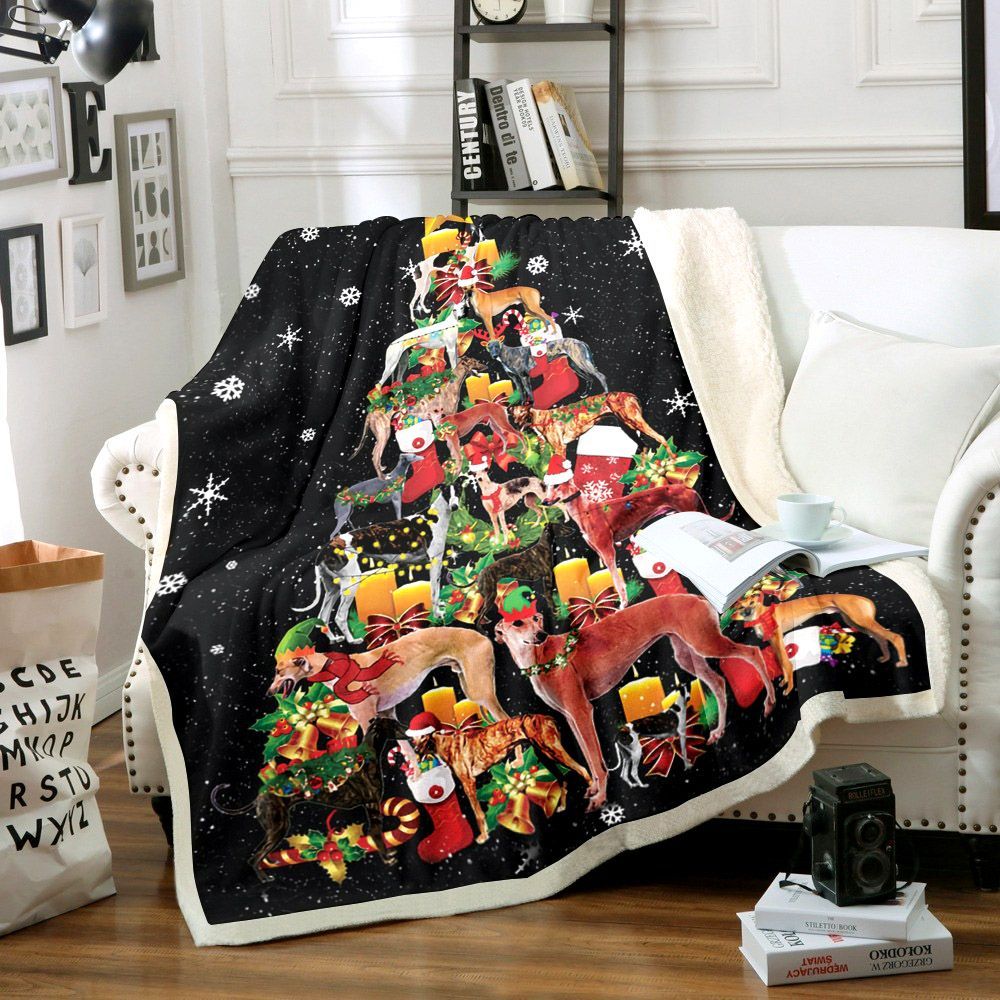 Greyhound Christmas Tree Sherpa Fleece Blanket