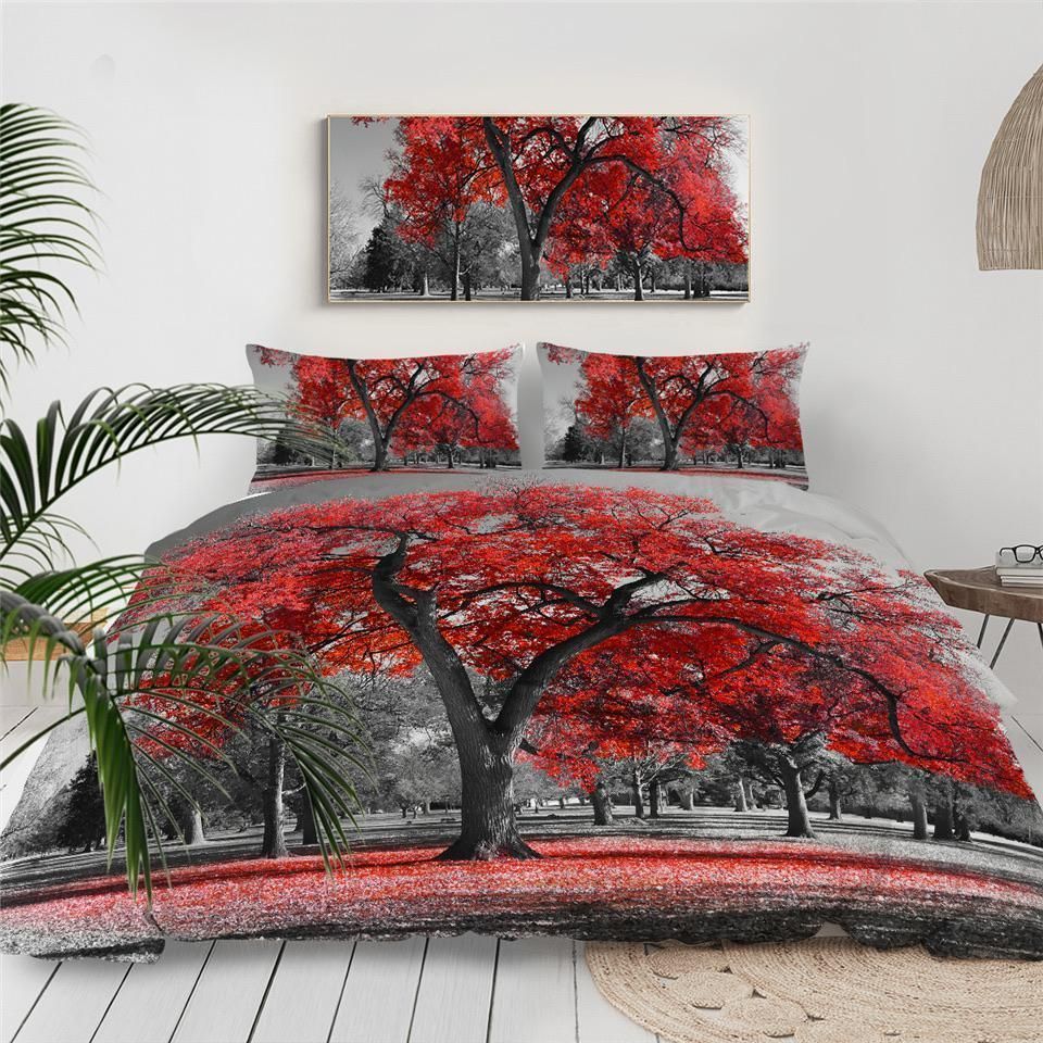 Greyscale And Red Tree Bedding Set