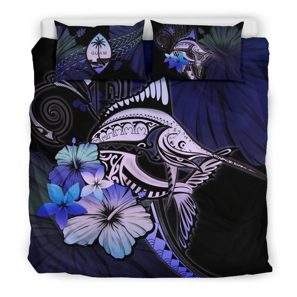 Guam Purple Blue Marlin And Hibiscus Bedding Set