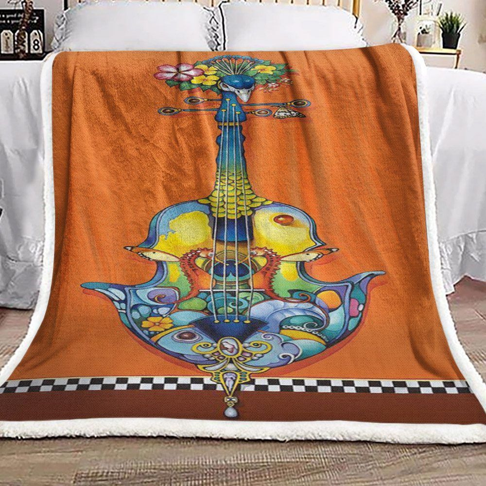 Guitar Peacock Seahorse Celtic Flower Sherpa Fleece Blanket