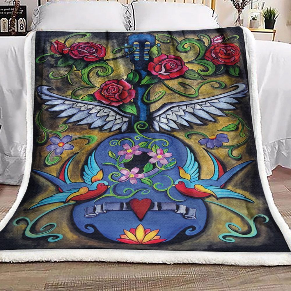 Guitar Rose Bird Sherpa Fleece Blanket