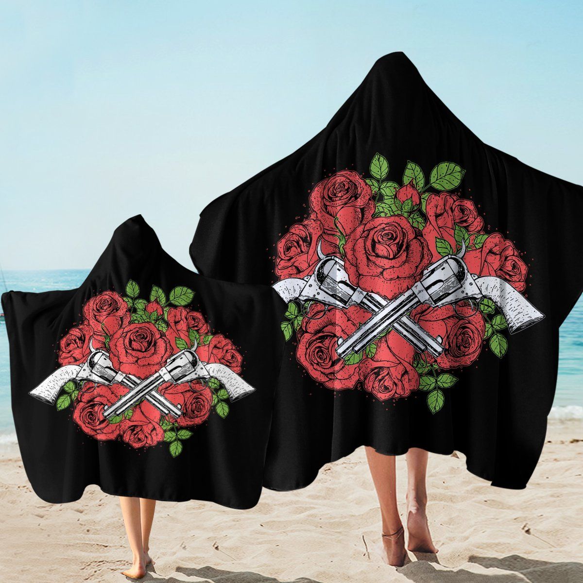Gun And Red Roses In Black Printed Hooded Towel