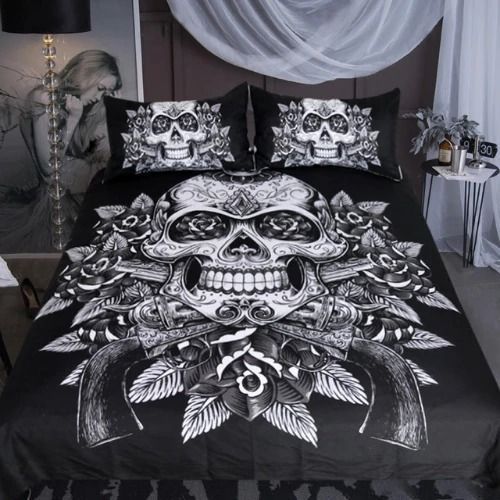 Gun Floral Black Skull Bedding Set