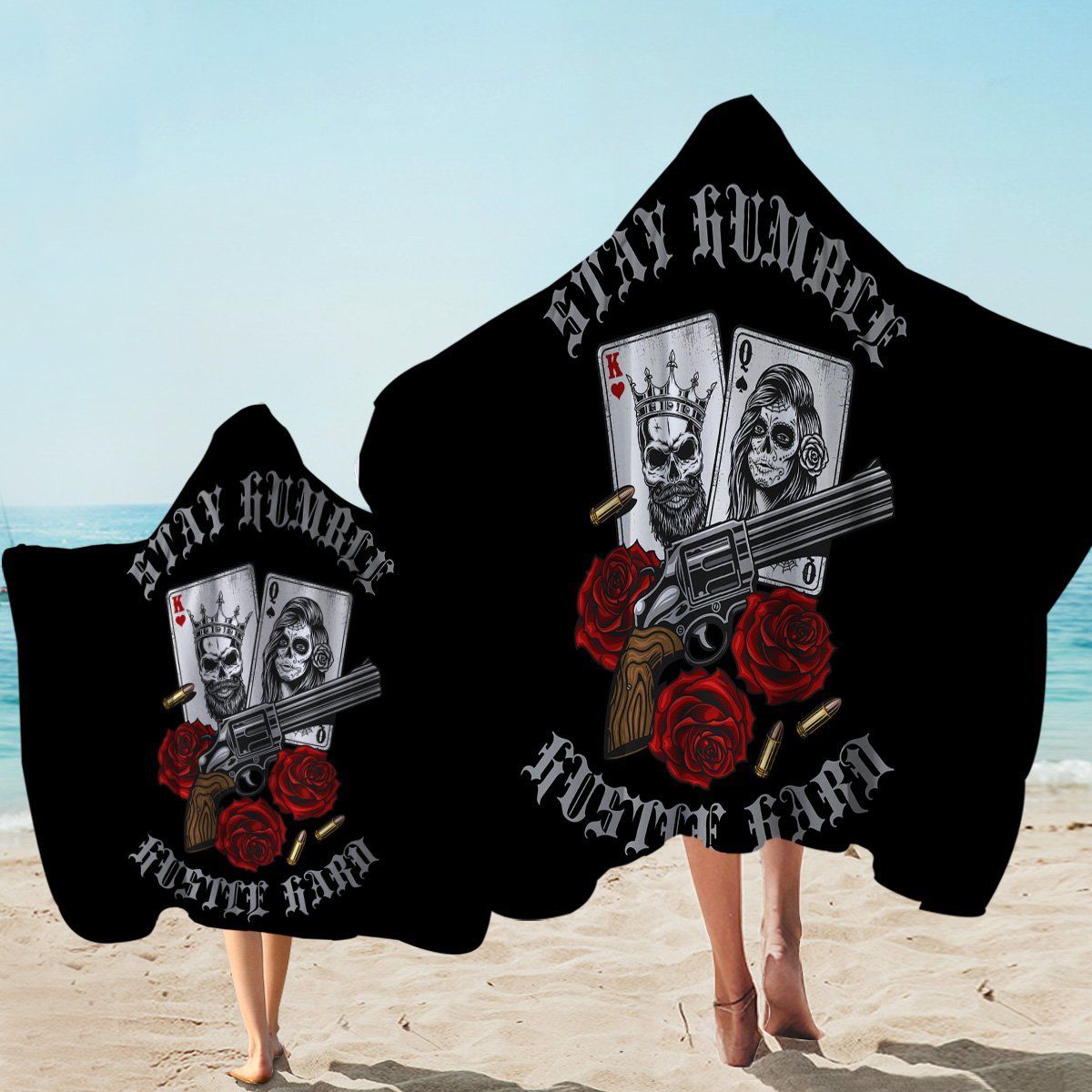 Guns And Roses Card Black Printed Hooded Towel