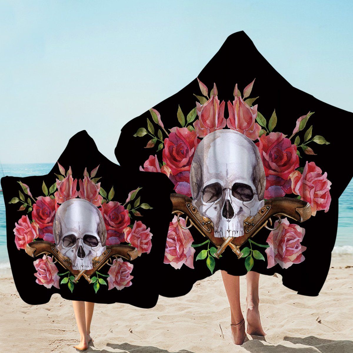 Guns And Roses Skull Pattern Printed Hooded Towel