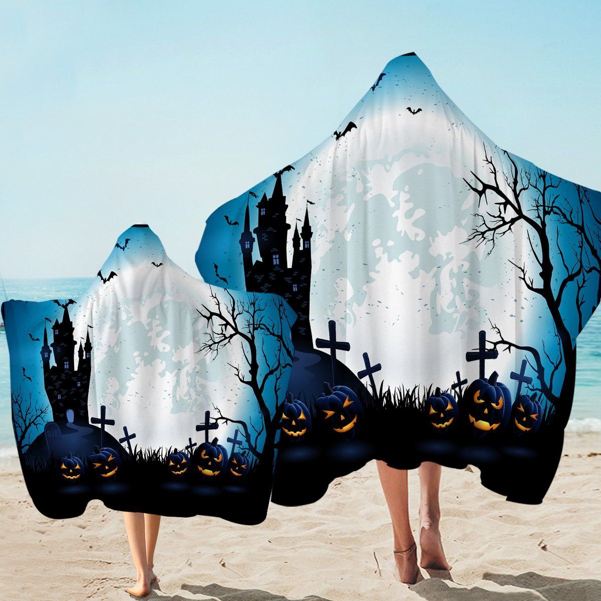 Halloween Castle Black Bat In Sky Printed Hooded Towel