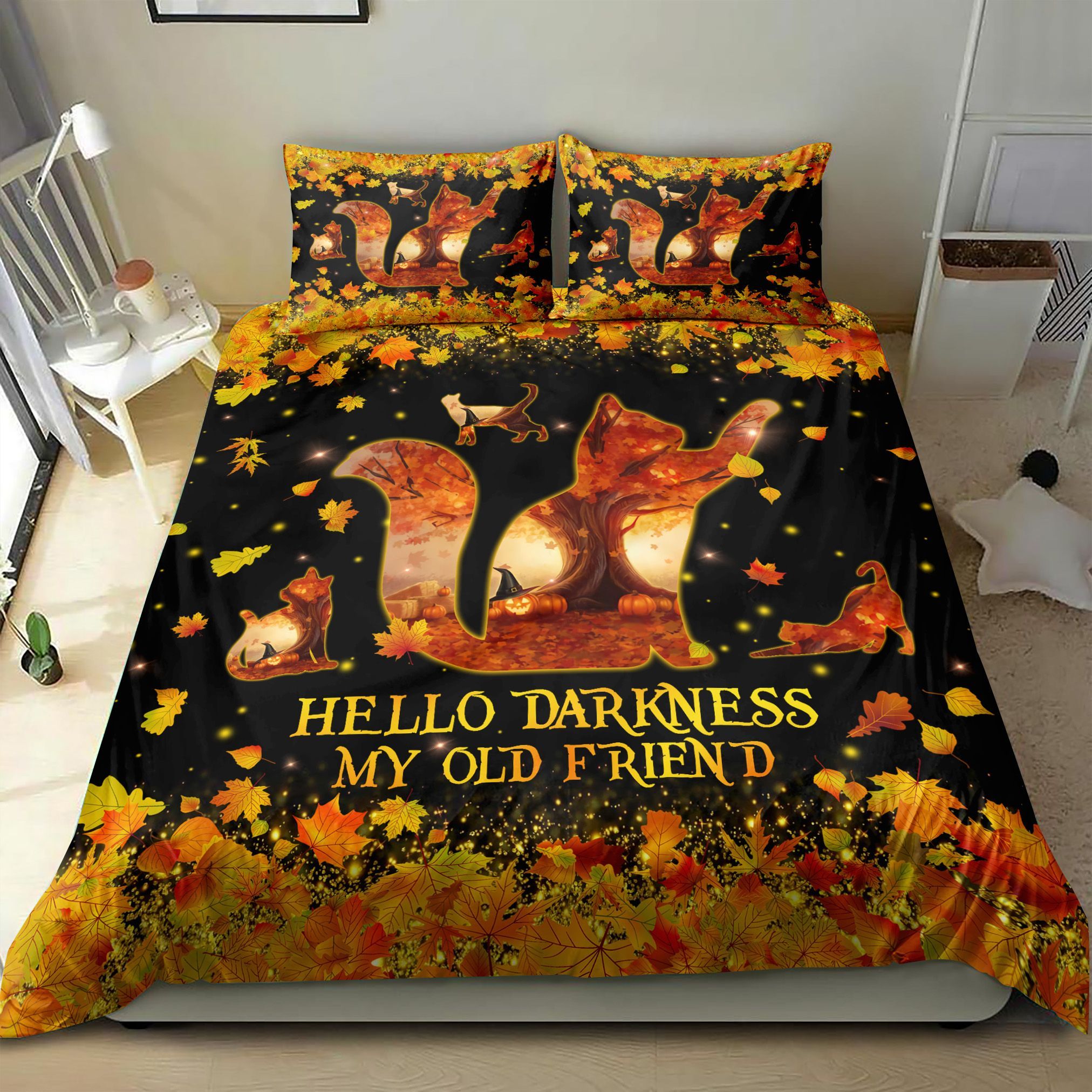 Halloween Cat Autumn Leaves Bedding Set