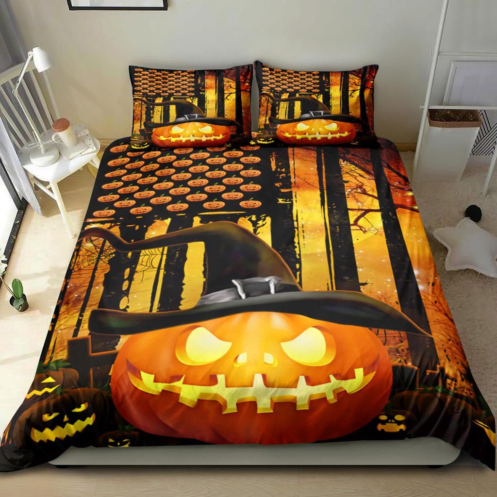 Halloween Creepy Pumpkin America Flag Bedding Set