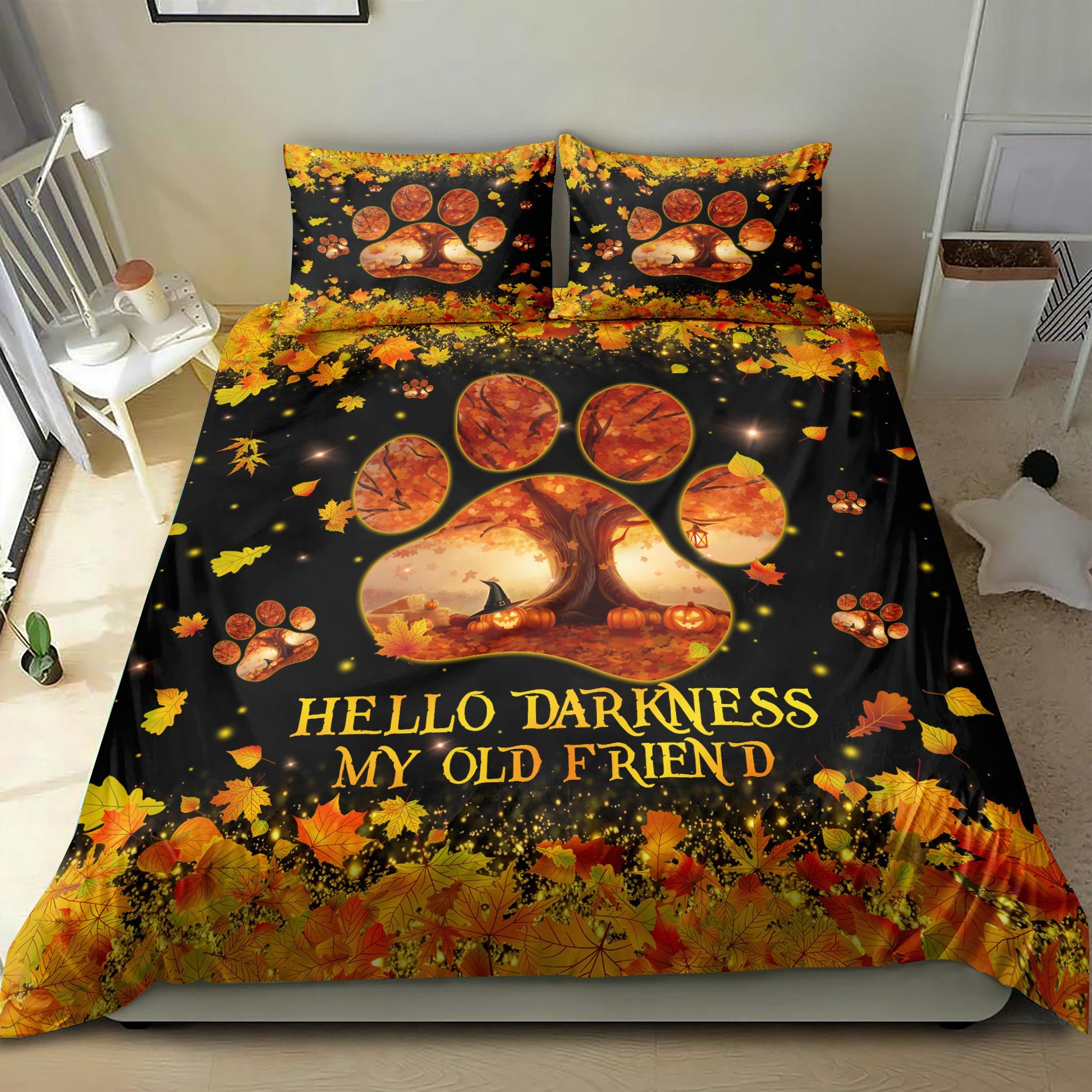 Halloween Dog Paw Autumn Leaves Bedding Set