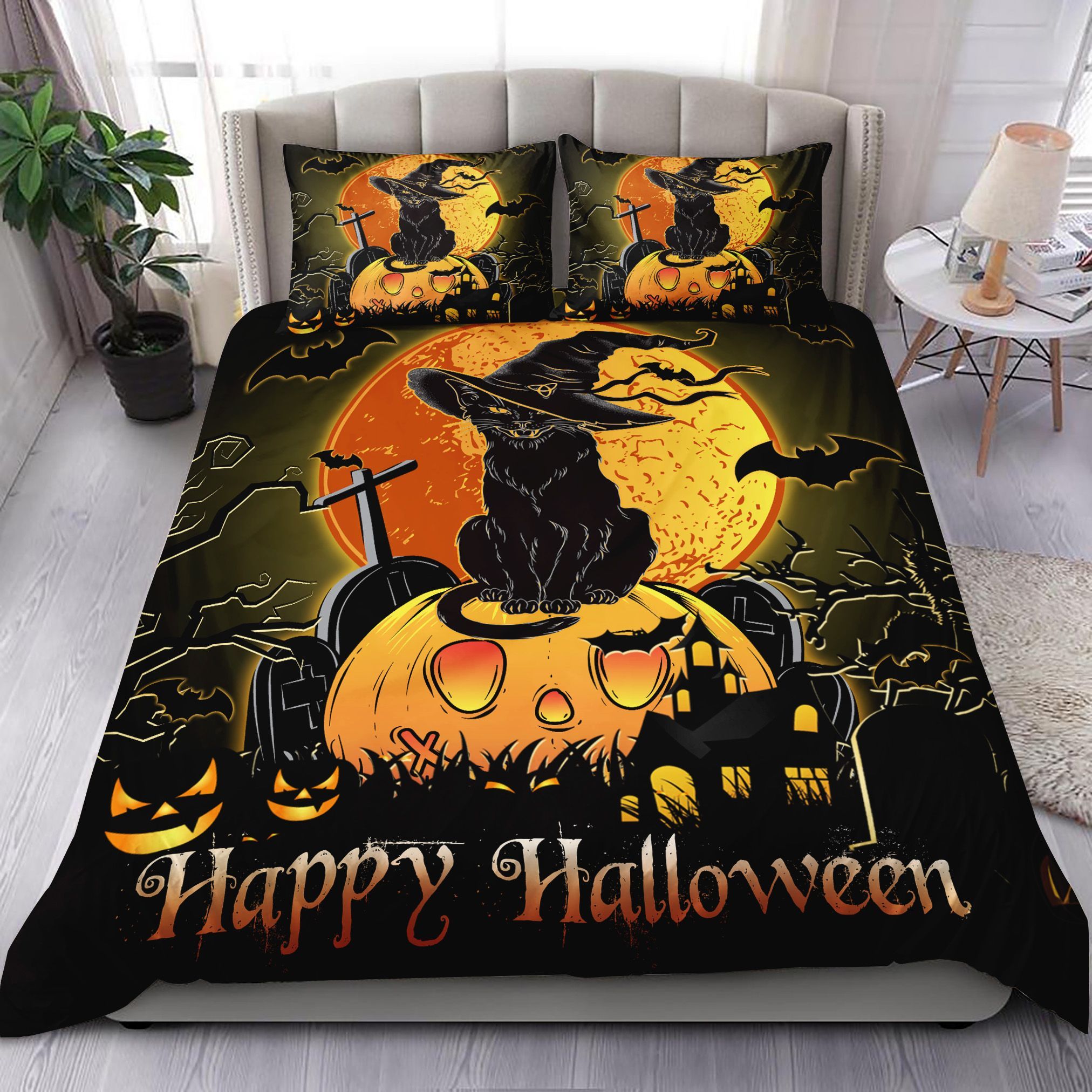 Halloween Night Black Cat Pumpkin Bedding Set