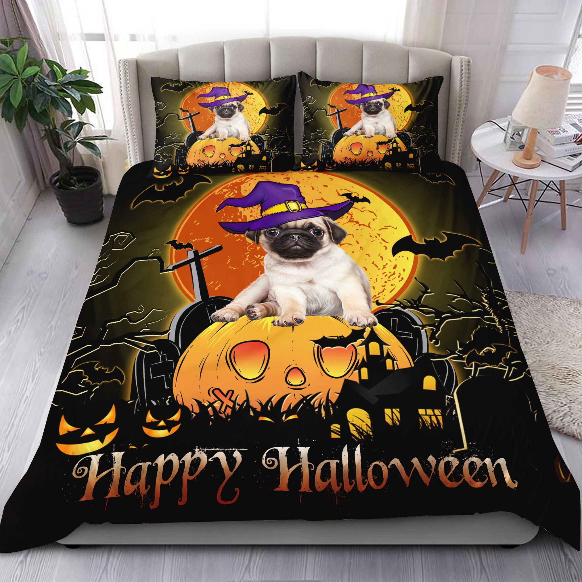 Halloween Night Pug Pumpkin Bedding Set