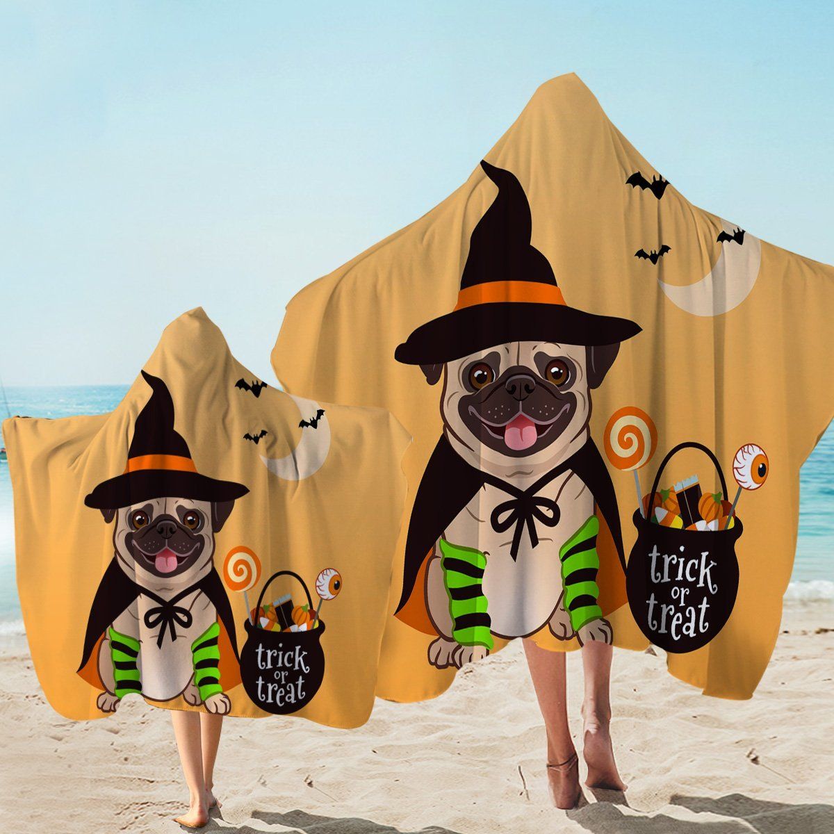 Halloween Pug Orange Trick Or Treat Printed Hooded Towel