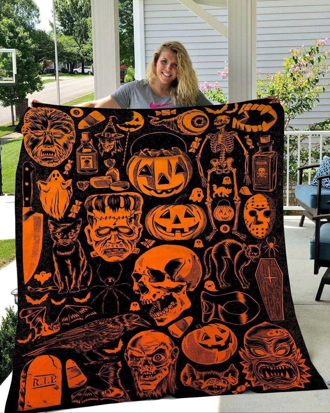 Halloween Pumpkin And Skull Sherpa Fleece Blanket