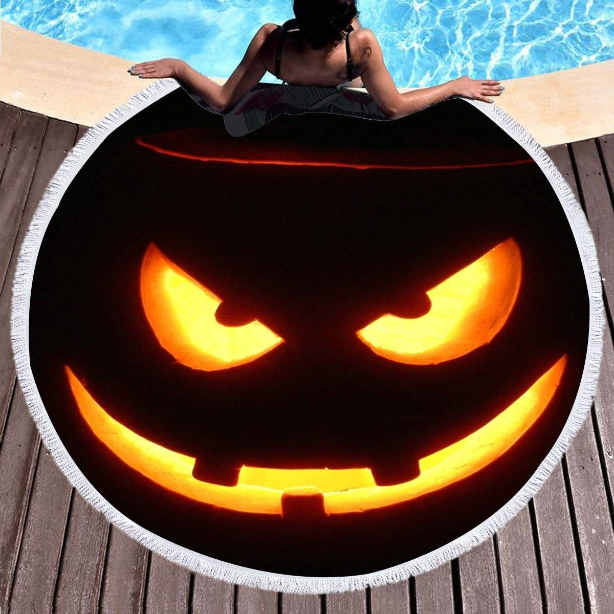 Halloween Pumpkin Lantern Printed Round Beach Towel