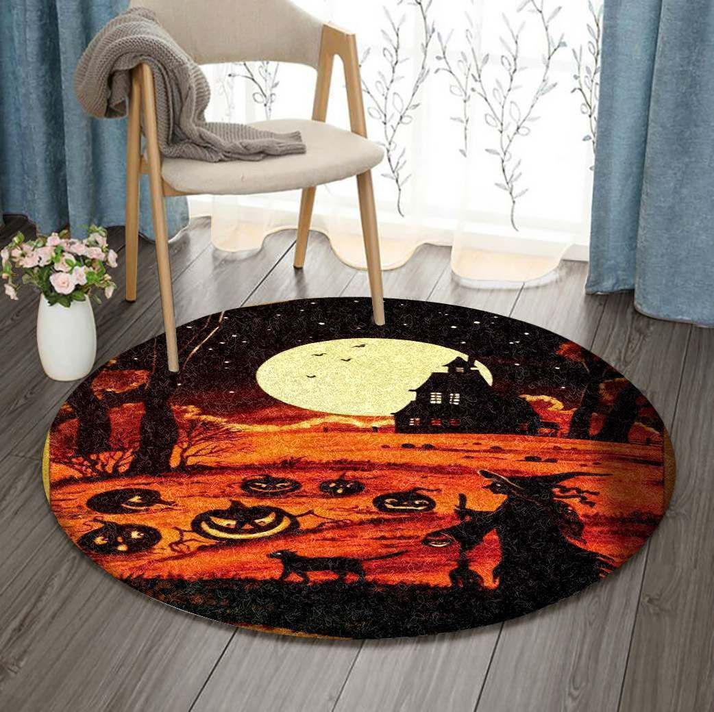 Halloween Witch Cat Pumpkin Round Carpet