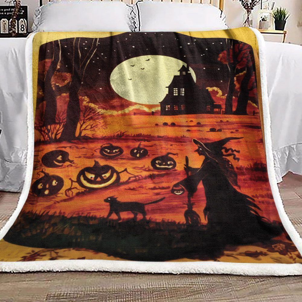 Halloween Witch Cat Pumpkin Sherpa Fleece Blanket