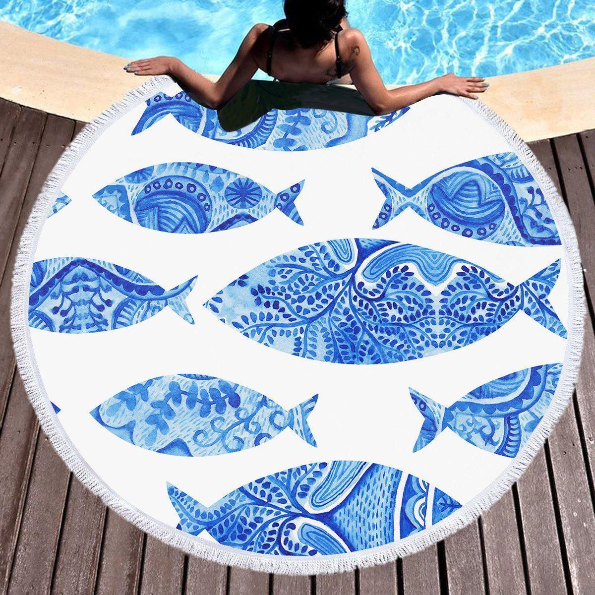 Hamoa Blue Fish Pattern On White Printed Round Beach Towel