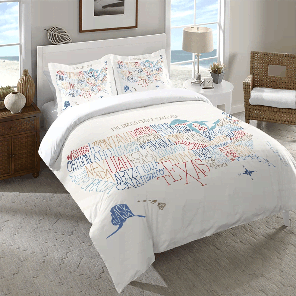 Hand Lettered Us Map Color Bedding Set